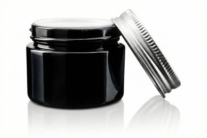 50 ml Skleněný kelímek NELI černé sklo, stříbrné ALU víčko + PP mezivíčko