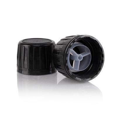 ŠROUBOVACÍ uzávěr černý vroubkovaný s kapací vložkou bílou 28/410